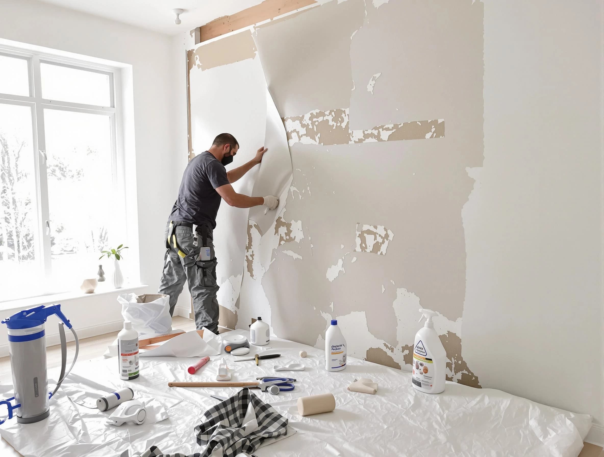 Middleburg Heights House Painters technician removing wallpaper in Middleburg Heights, OH