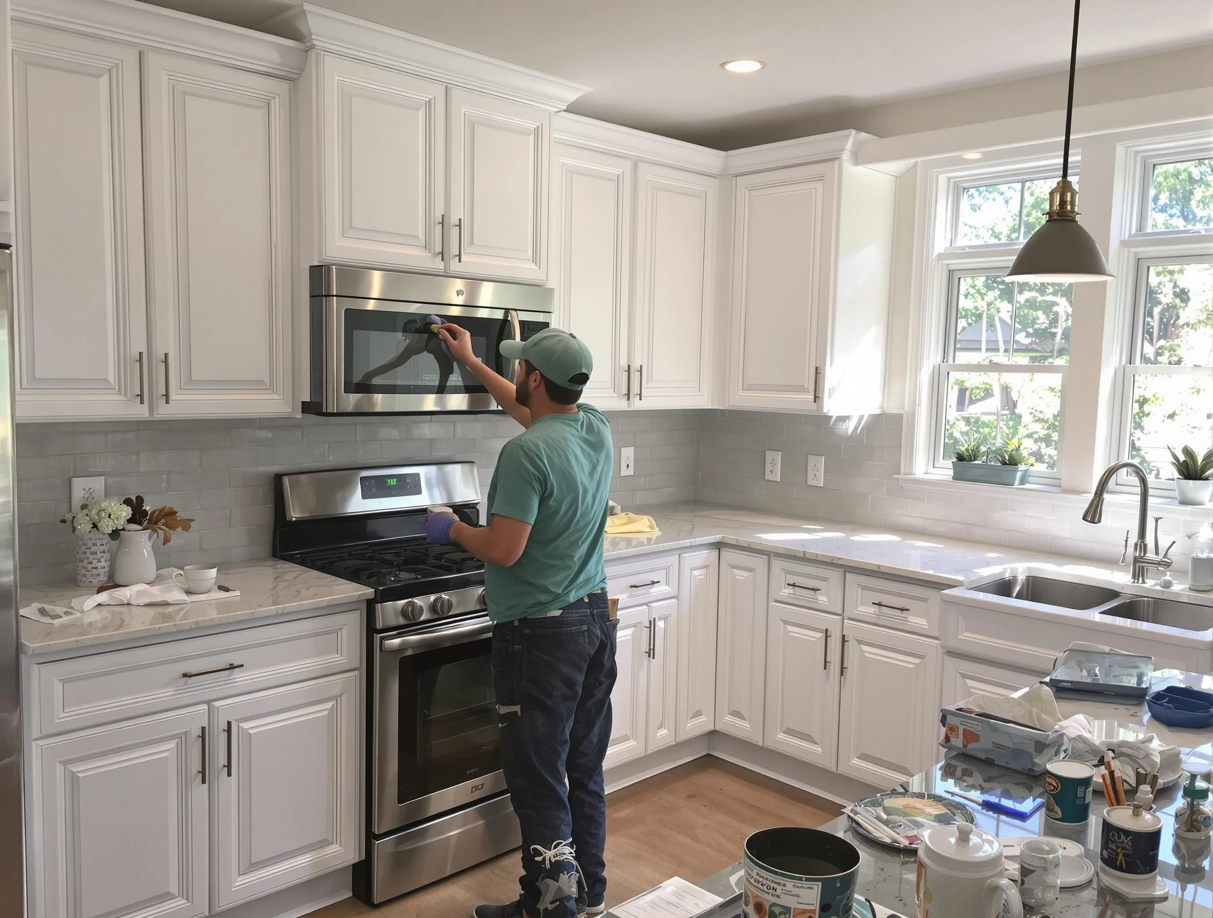 Kitchen cabinets being refinished by Middleburg Heights House Painters in Middleburg Heights, OH